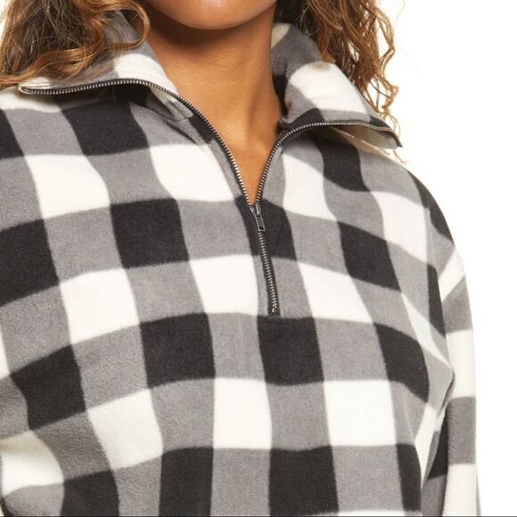 BP. Buffalo Plaid Fleece Pullover in Black Quarter Zip Elastic Waist Warm & Cozy - Picture 3 of 3